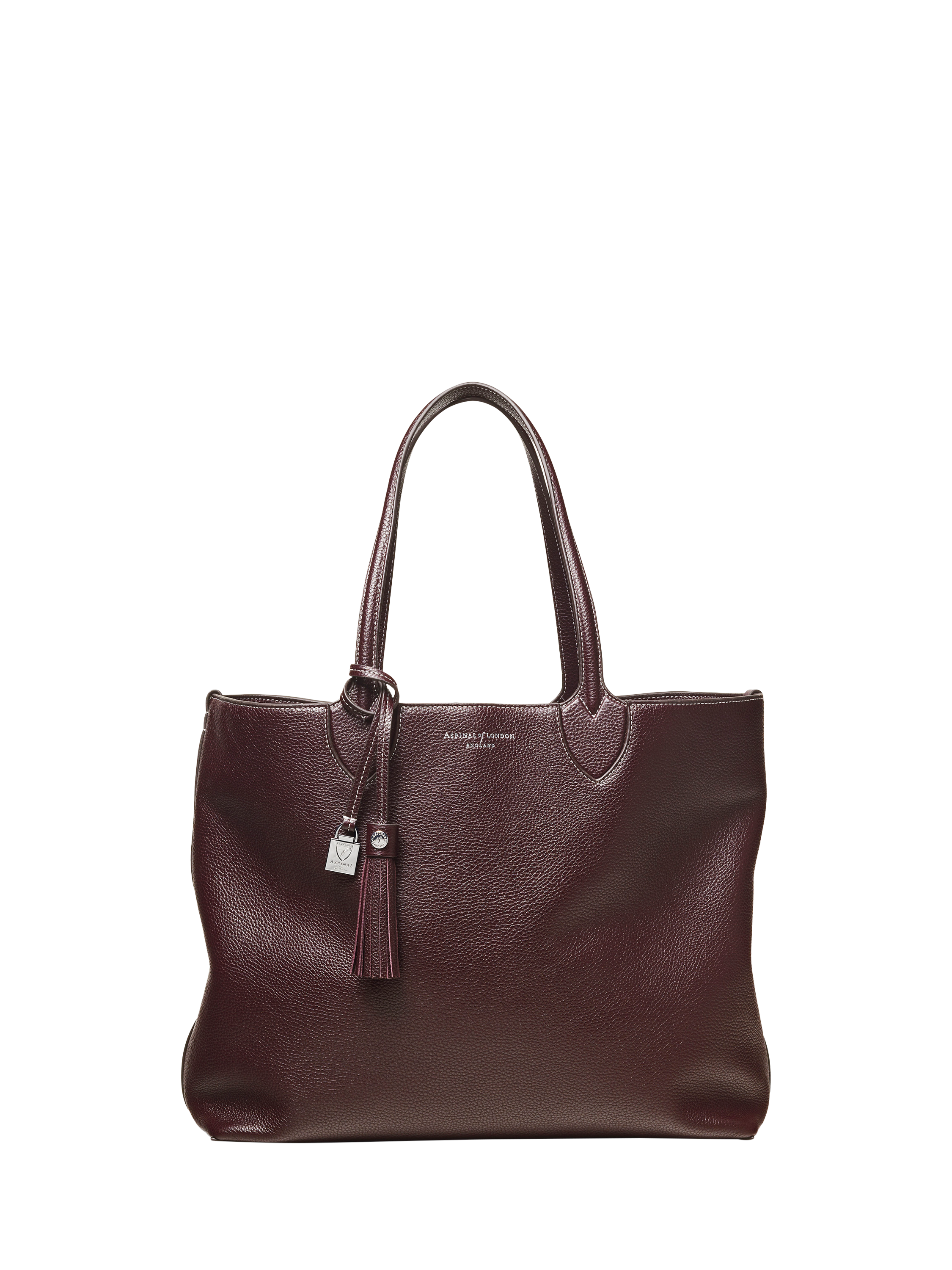 Product image 1 of 8, which shows Aspinal of London Hudson Small Grain Milled Pebble Leather Oversized Tote Bag, Wine