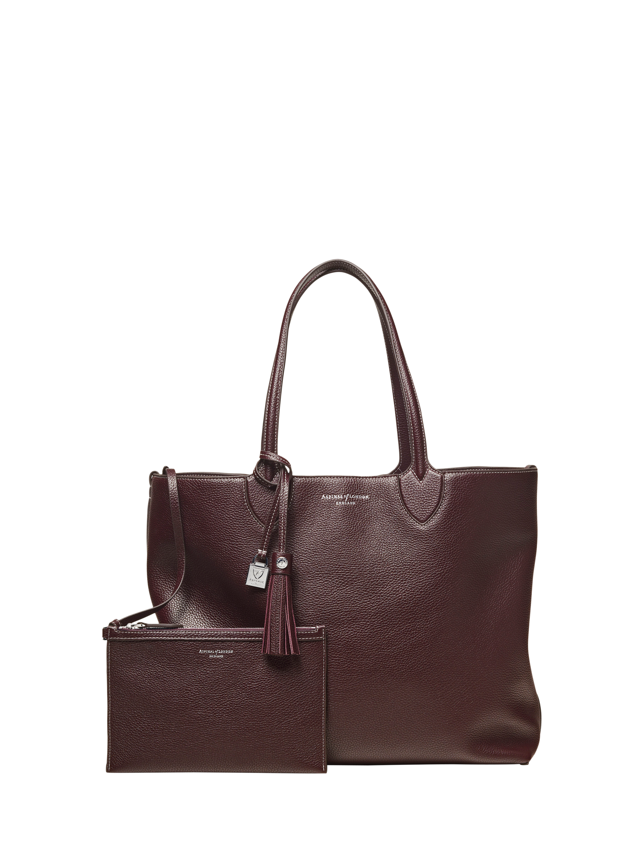 Product image 2 of 8, which shows Aspinal of London Hudson Small Grain Milled Pebble Leather Oversized Tote Bag, Wine