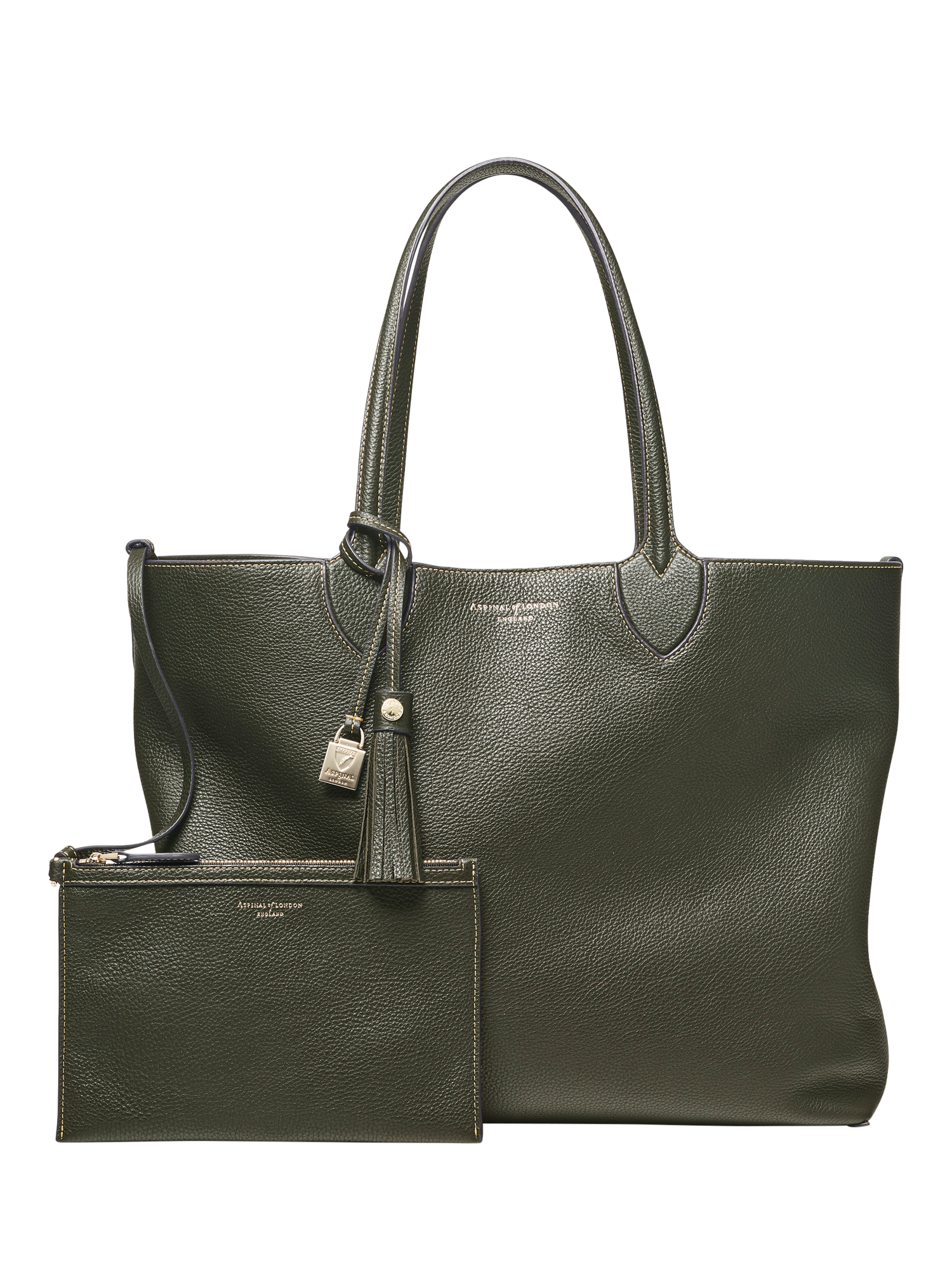 Product image 2 of 8, which shows Aspinal of London Hudson Small Grain Milled Pebble Leather Oversized Tote Bag, Green