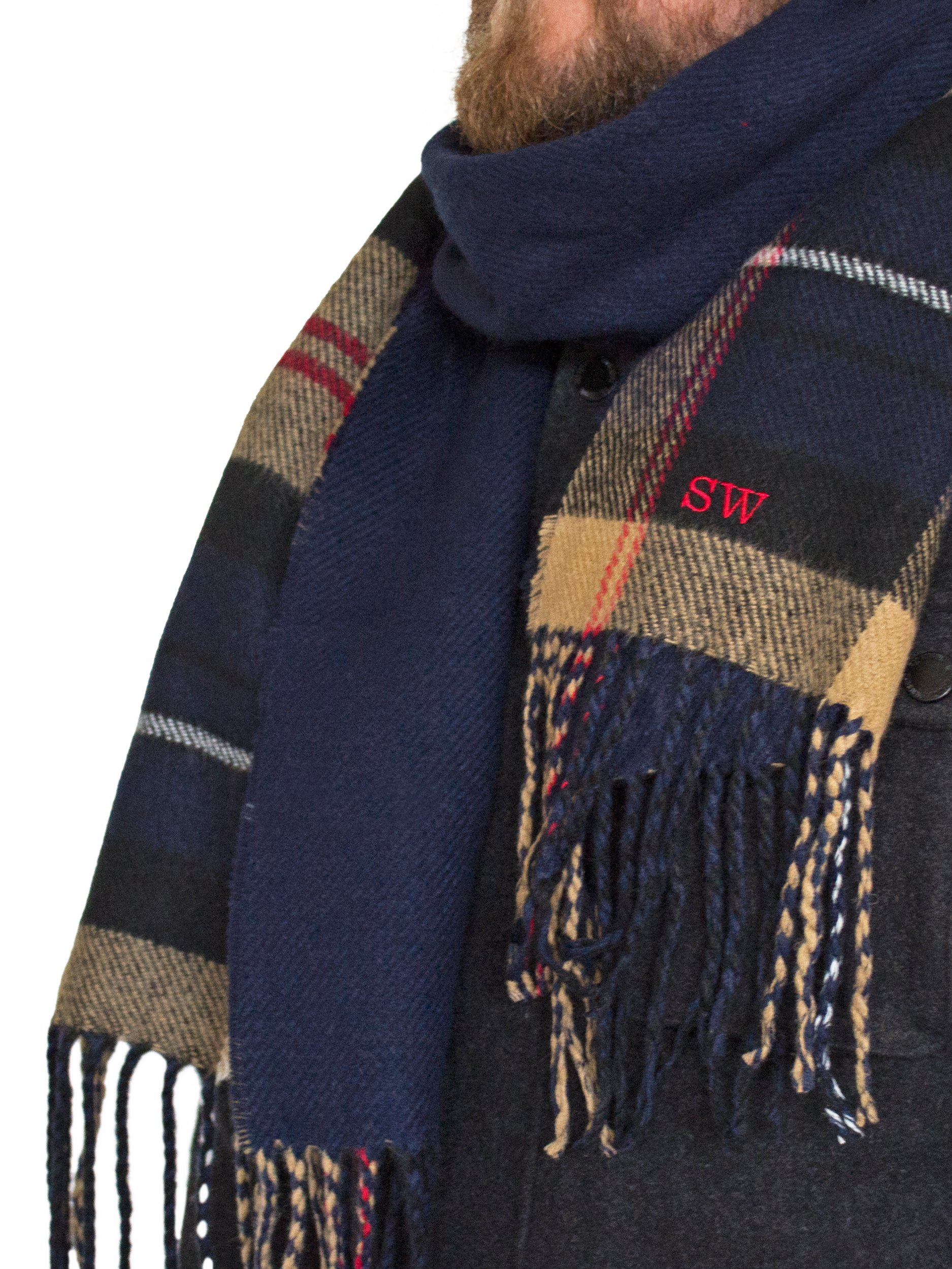 Product image 2 of 7, which shows Solesmith Personalised Pure Lambswool Tartan Scarf, Navy