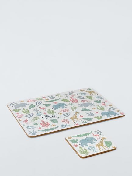 John Lewis Kids' Safari Cork-Backed Coaster & Placemat, Set of 2, Multi - view 2, Multi