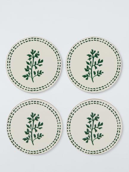 John Lewis X Deliciously Ella Herb Cork-Backed Coasters, Set of 4, Green, White