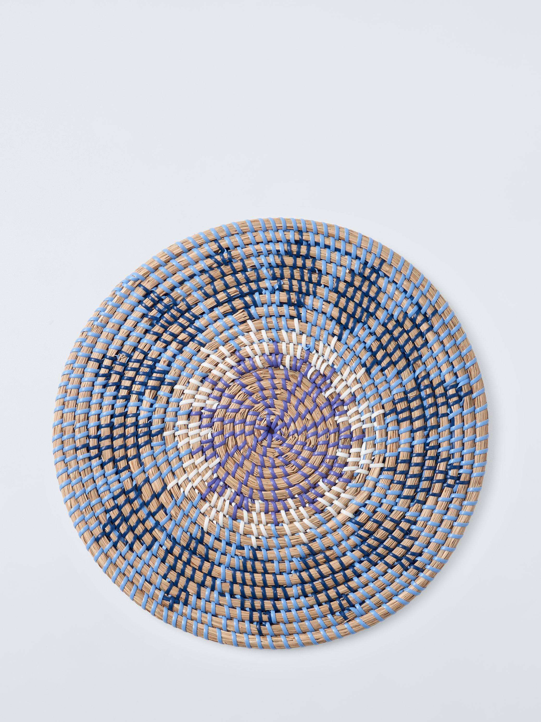 John Lewis Floral Woven Seagrass Round Placemat, Blue/Pink