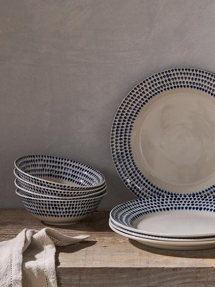 Nkuku Indigo Drop Stoneware Dinnerware Set, 12 Piece, Natural Cream, Natural Cream