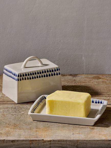 Nkuku Indigo Drop Butter Dish, Cream/Blue - view 2, Natural Cream