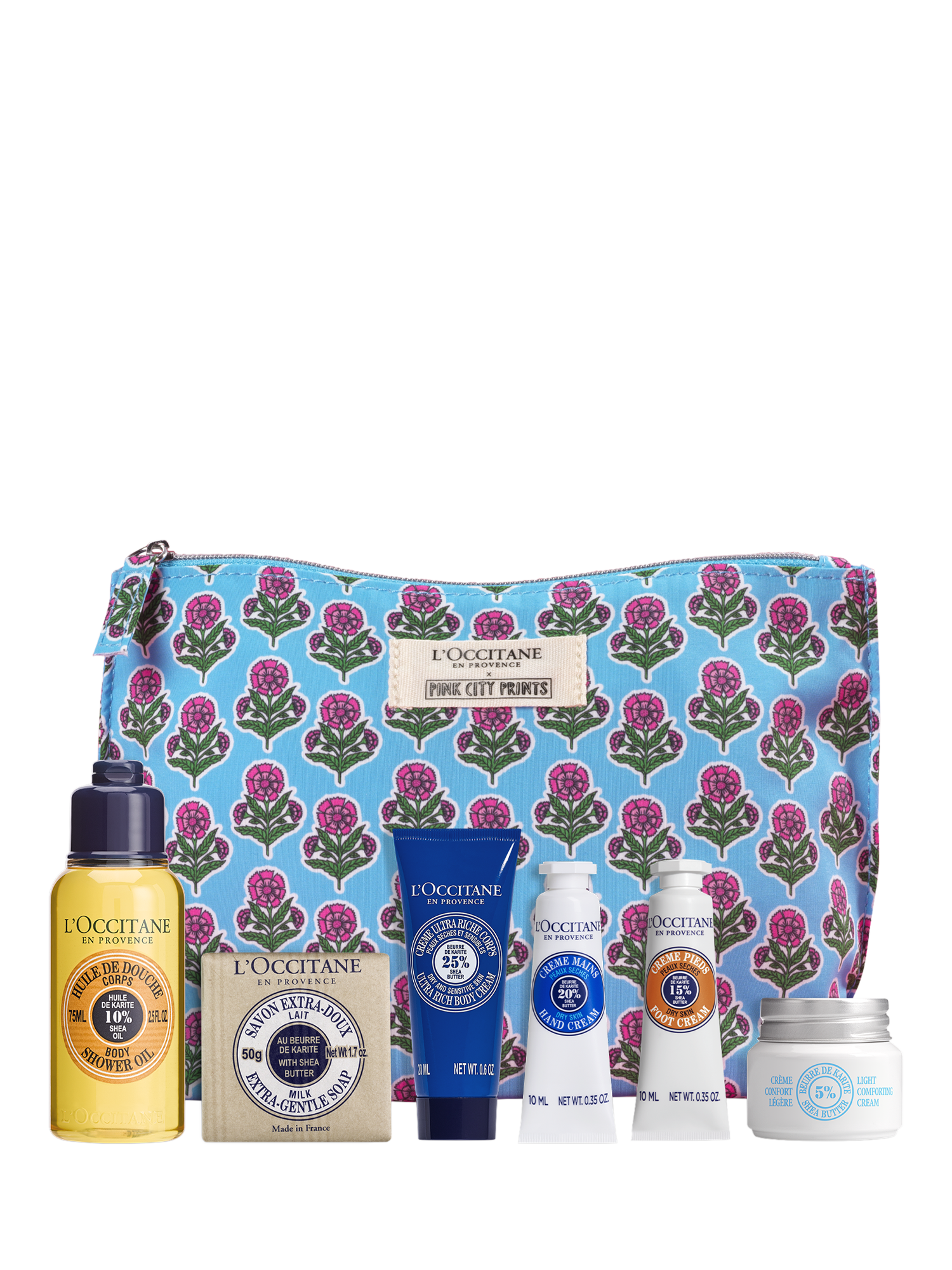 Product image 1 of 3, which shows L'OCCITANE Shea Travel Collection X Pink City Prints Bodycare Gift Set