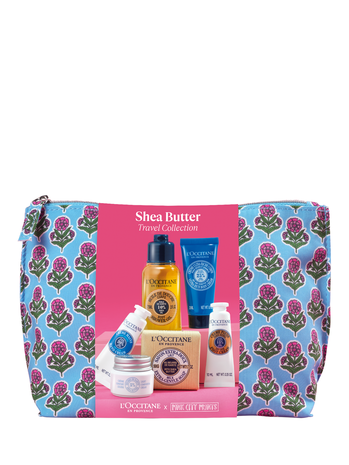 Product image 2 of 3, which shows L'OCCITANE Shea Travel Collection X Pink City Prints Bodycare Gift Set
