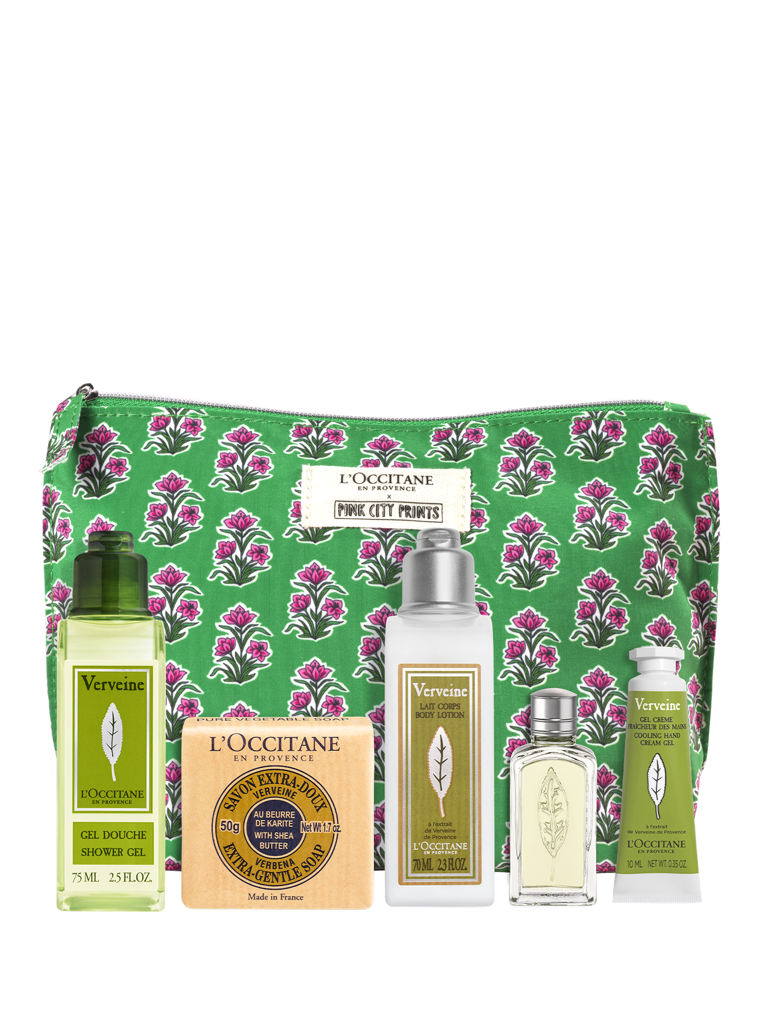 Product image 1 of 3, which shows L'OCCITANE Verbena Travel Collection x Pink City Prints Bodycare Gift Set