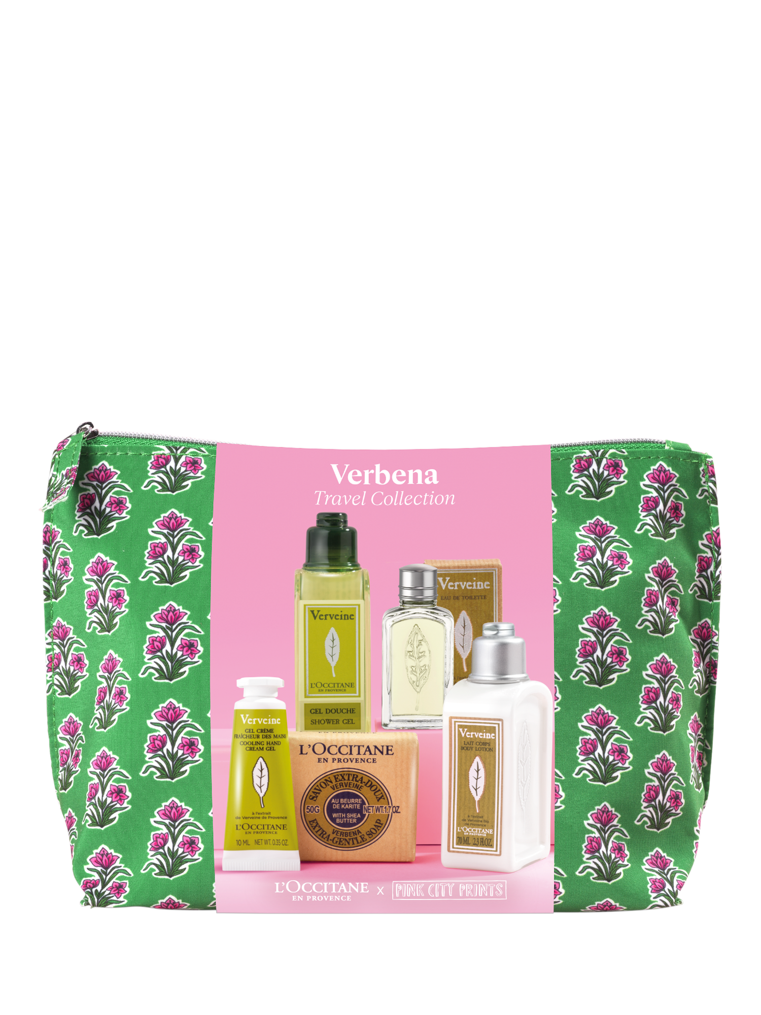 Product image 2 of 3, which shows L'OCCITANE Verbena Travel Collection x Pink City Prints Bodycare Gift Set