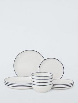 John Lewis Stacking Blue Rim Porcelain Dinnerware Set, 12 Piece, White, White