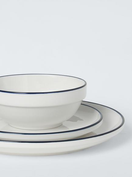 John Lewis Stacking Blue Rim Porcelain Dinnerware Set, 12 Piece, White - view 2, White