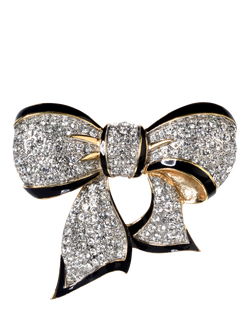 Eclectica Pre-Loved Enamel and Swarovski Crystal Bow Brooch, Dated Circa 1980s, Gold/Black