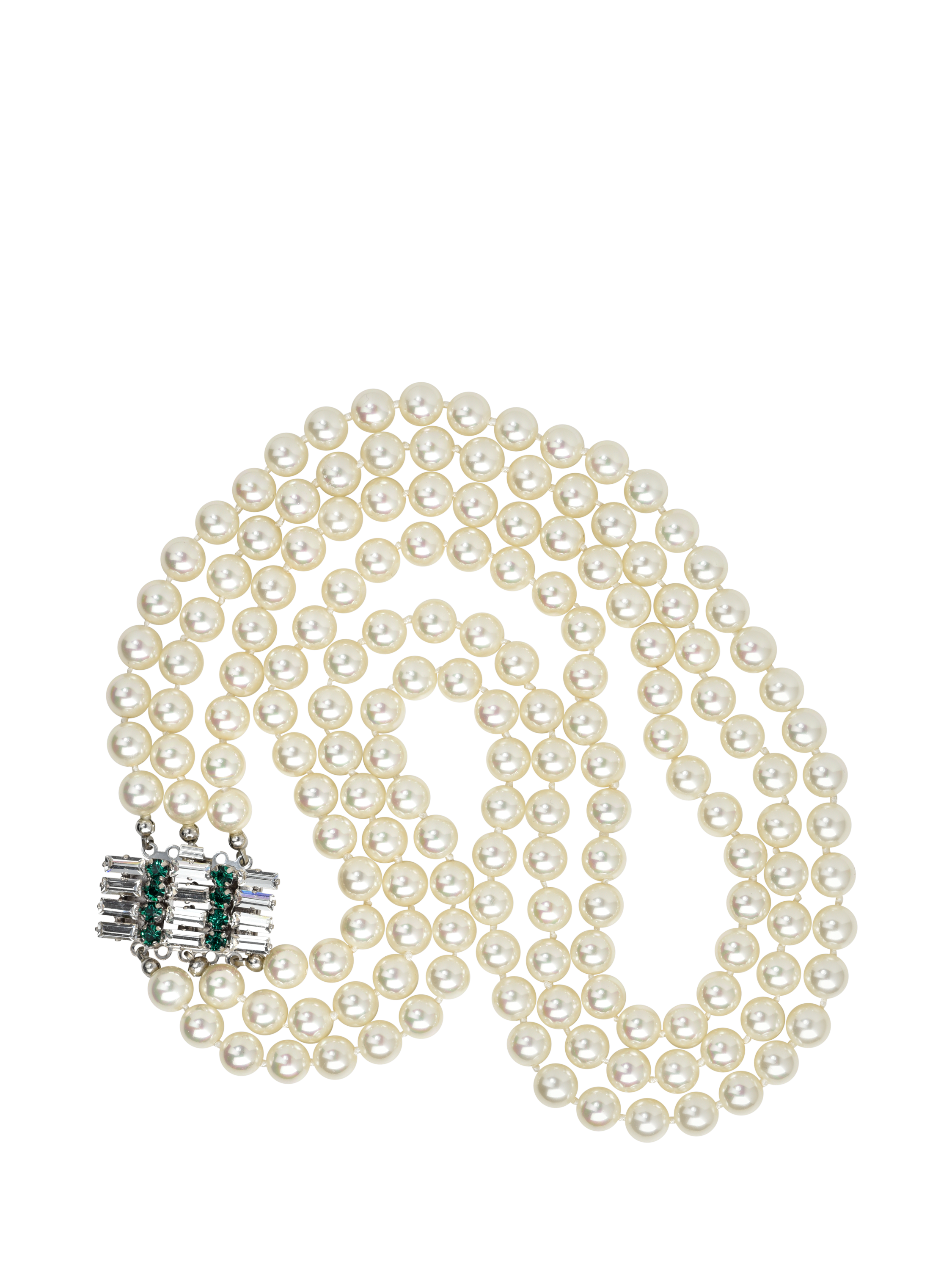 Product image 1 of 4, which shows Eclectica Pre-Loved Refound 3 Row Faux Pearl Crystal Collar Necklace, Green