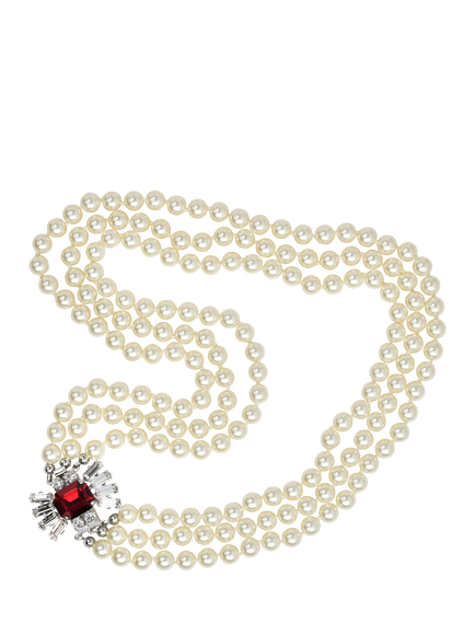 Eclectica Pre-Loved Refound Faux Pearl Crystal Collar Necklace, Silver/Red, Silver/Red