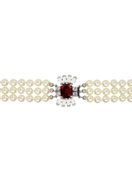 Eclectica Pre-Loved Refound Faux Pearl Crystal Collar Necklace, Silver/Red - view 2, Silver/Red