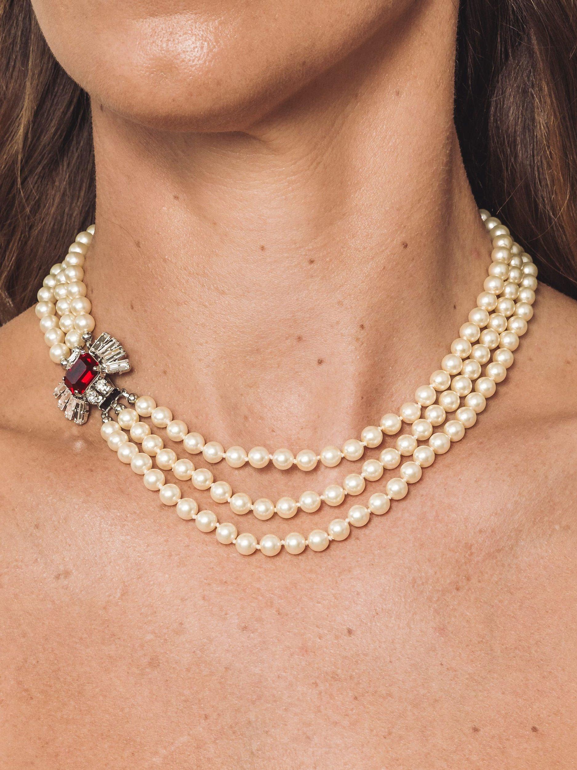Product image 4 of 4, which shows Eclectica Pre-Loved Refound Faux Pearl Crystal Collar Necklace, Silver/Red