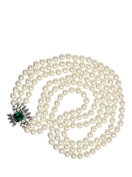 Eclectica Pre-Loved Refound Faux Pearl Crystal Collar Necklace, Silver/Green, Silver/Green