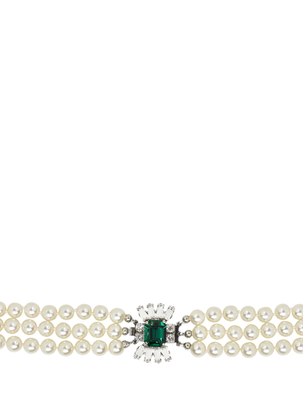 Eclectica Pre-Loved Refound Faux Pearl Crystal Collar Necklace, Silver/Green - view 2, Silver/Green