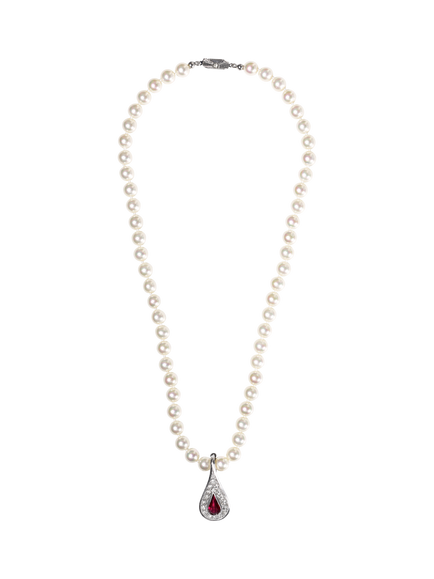 Eclectica Pre-Loved Faux Pearl Crystal Collar Necklace, Silver/Red, Silver/Red