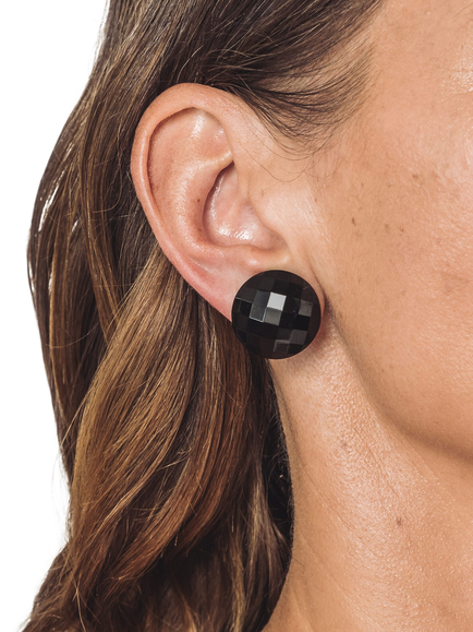 Eclectica Pre-Loved Refound Glass Clip-On Button Earrings, Dated Circa 1980s - view 2, Black
