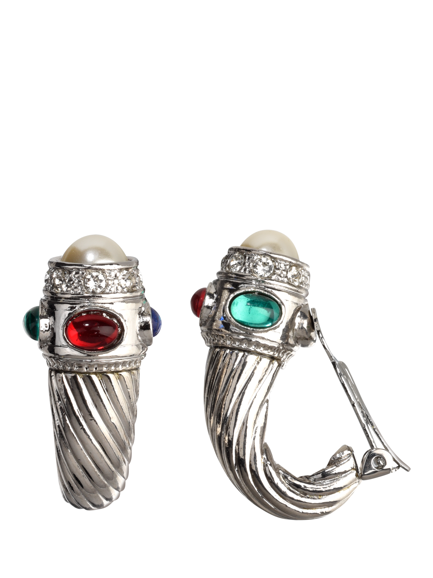 Product image 1 of 3, which shows Eclectica Pre-Loved Refound Gem and Pearl Twisted Horn Clip-On Earrings, Dated Circa 1980s