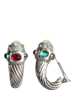 Eclectica Pre-Loved Refound Gem and Pearl Twisted Horn Clip-On Earrings, Dated Circa 1980s, Silver