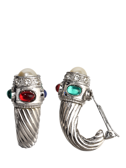 Eclectica Pre-Loved Refound Gem and Pearl Twisted Horn Clip-On Earrings, Dated Circa 1980s, Silver