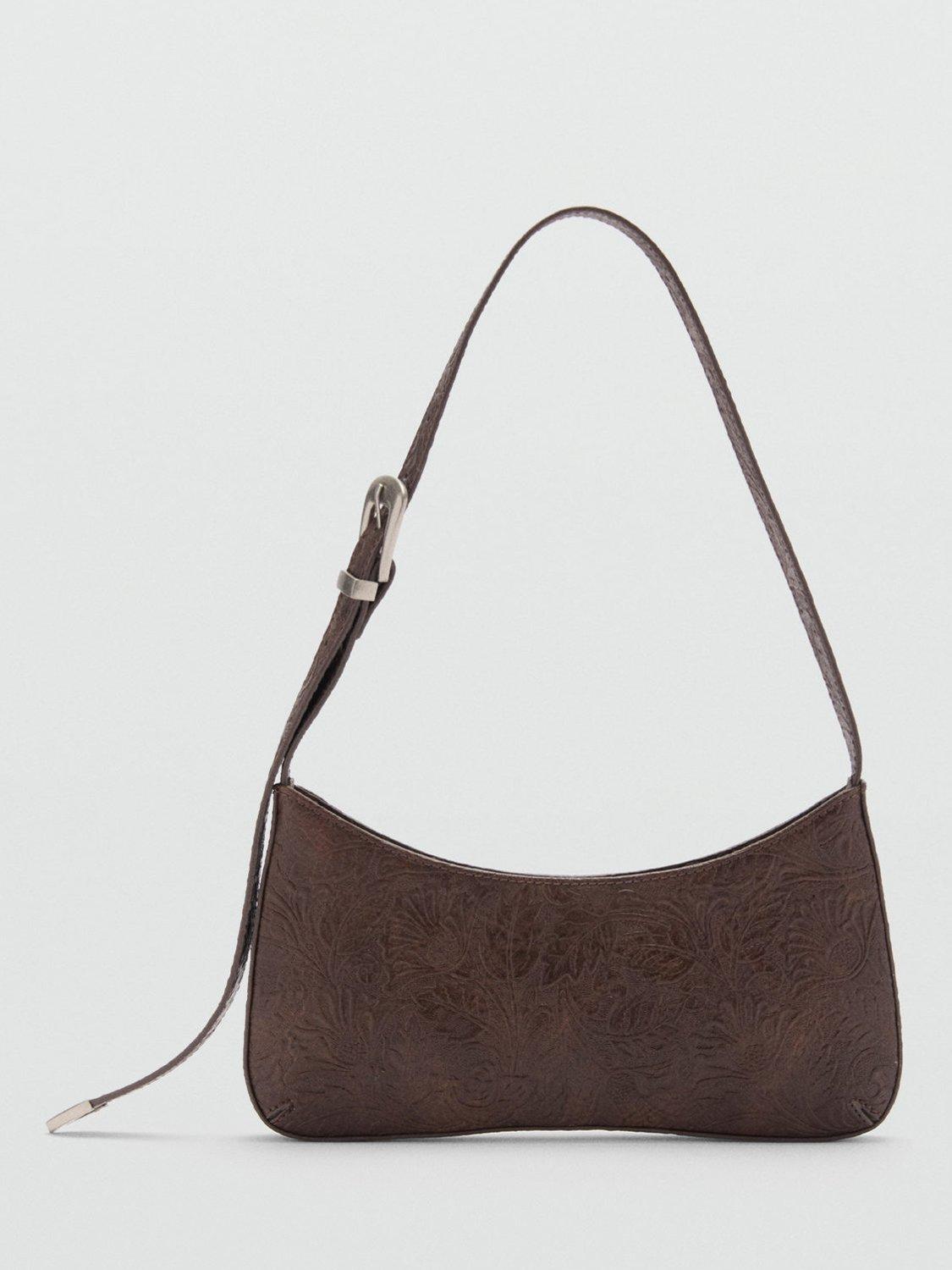 Mango Cowgirl Embossed Buckle Strap Shoulder Bag Dark Brown