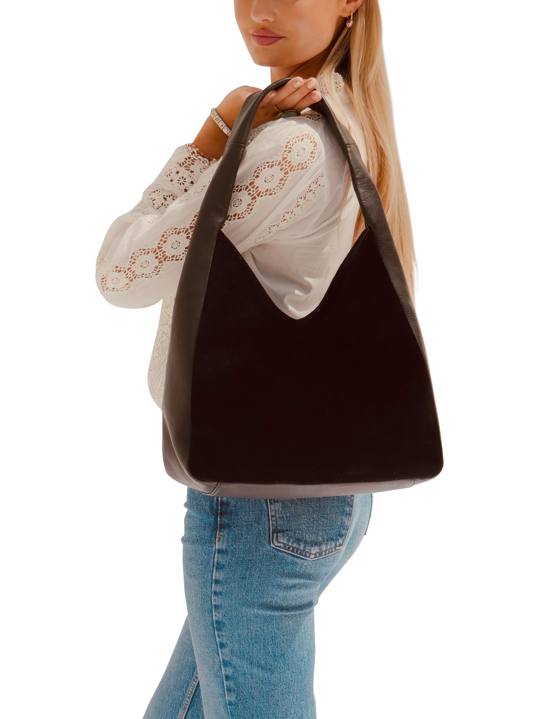 Product image 3 of 5, which shows Apatchy London Henry Suede & Leather Hobo Bag, Black