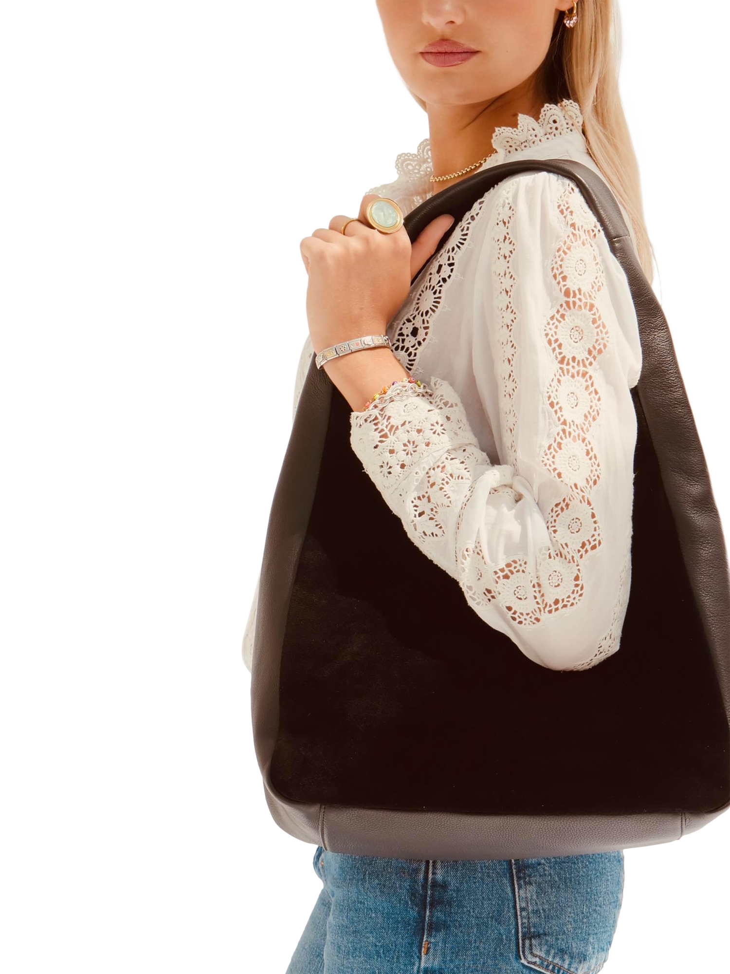Product image 5 of 5, which shows Apatchy London Henry Suede & Leather Hobo Bag, Black