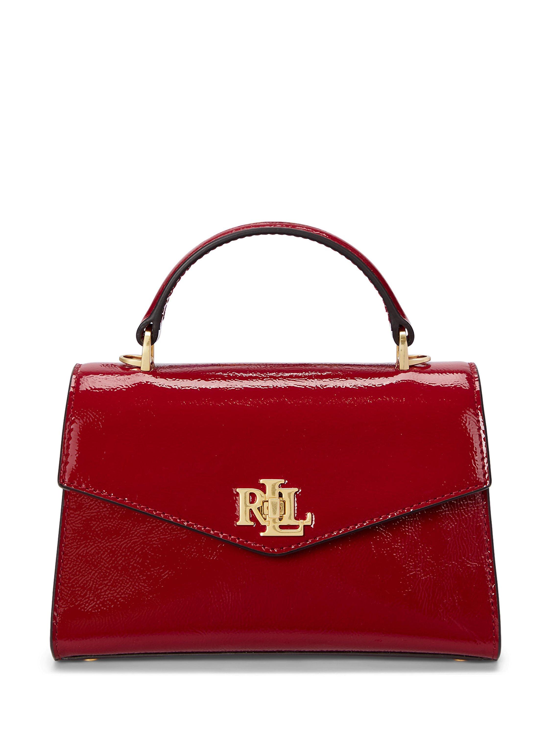 Product image 1 of 8, which shows Lauren Ralph Lauren Farrah Glossy Leather Small Satchel Bag, Festive Red