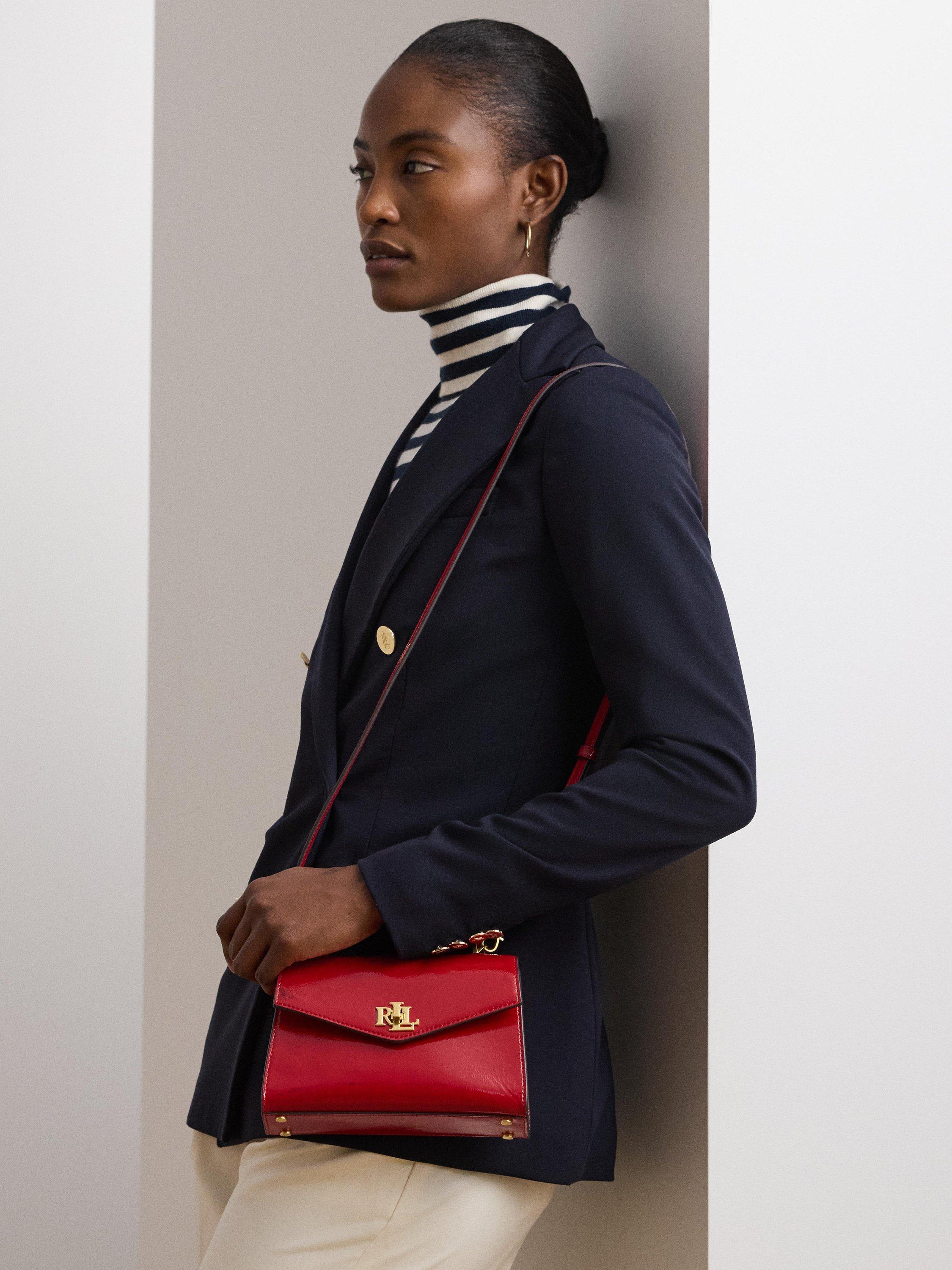 Product image 8 of 8, which shows Lauren Ralph Lauren Farrah Glossy Leather Small Satchel Bag, Festive Red