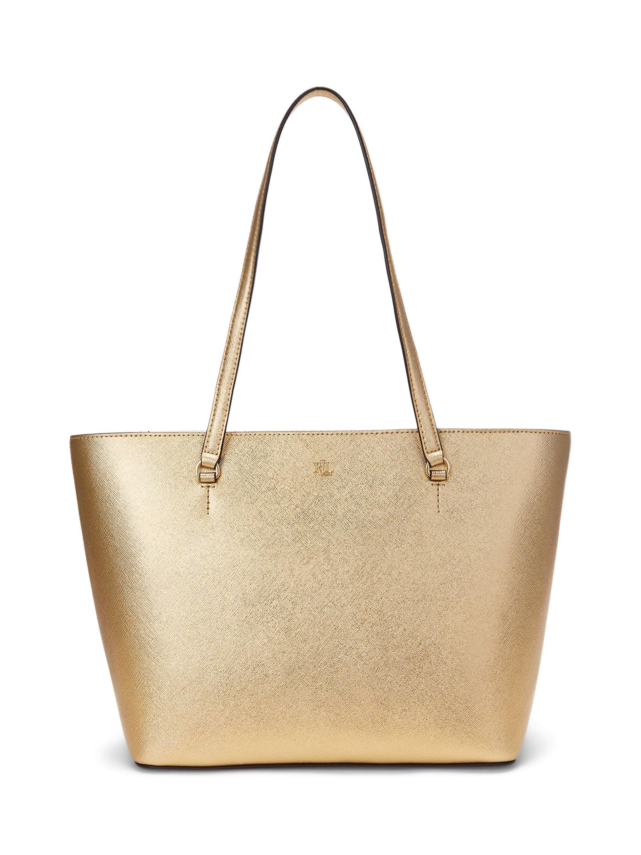 Lauren Ralph Lauren Karly Crosshatch Leather Medium Tote Bag Modern Gold