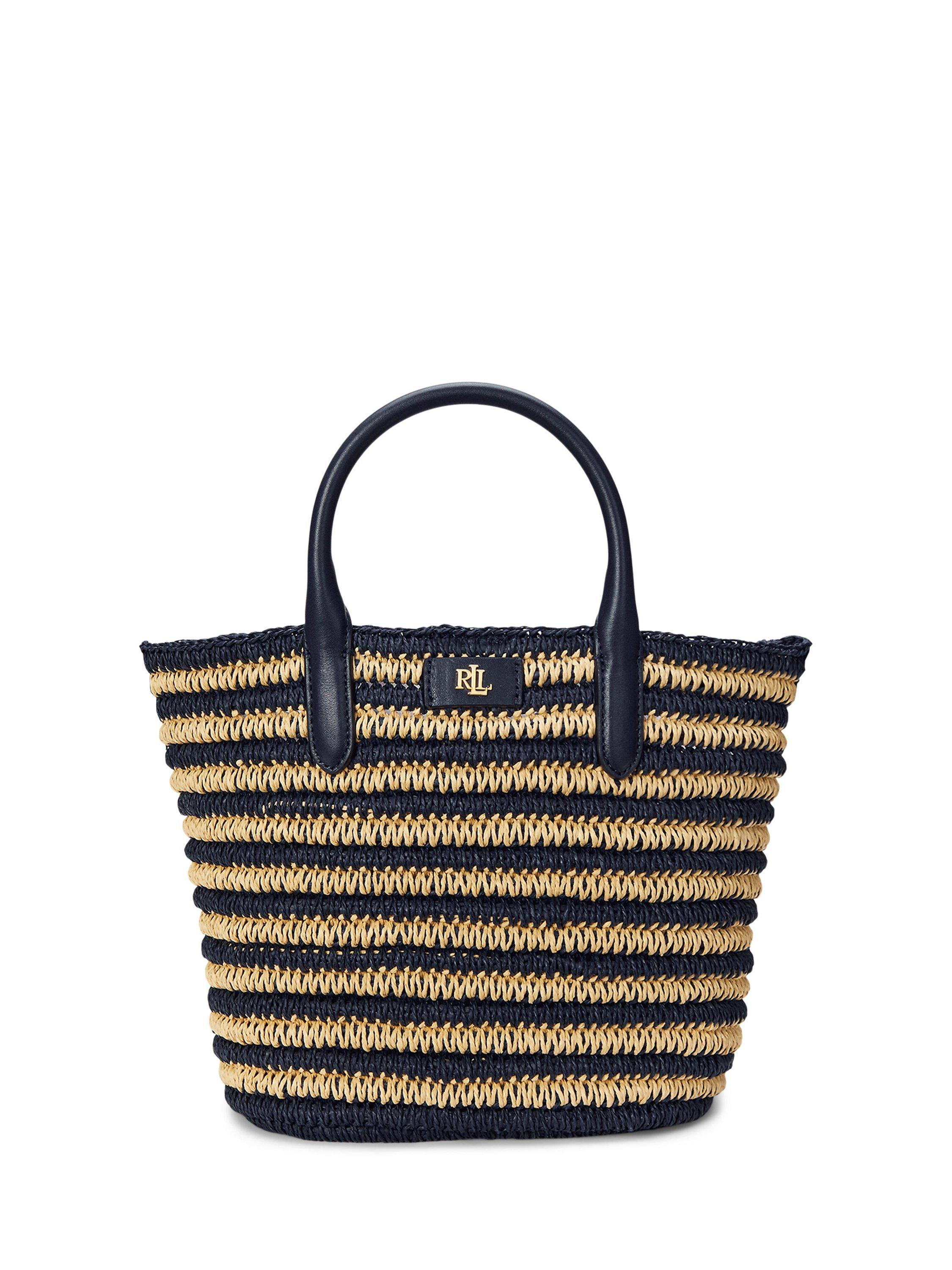 Product image 1 of 5, which shows Lauren Ralph Lauren Brie 21 Straw Leather Crossbody Bag, Refined Navy