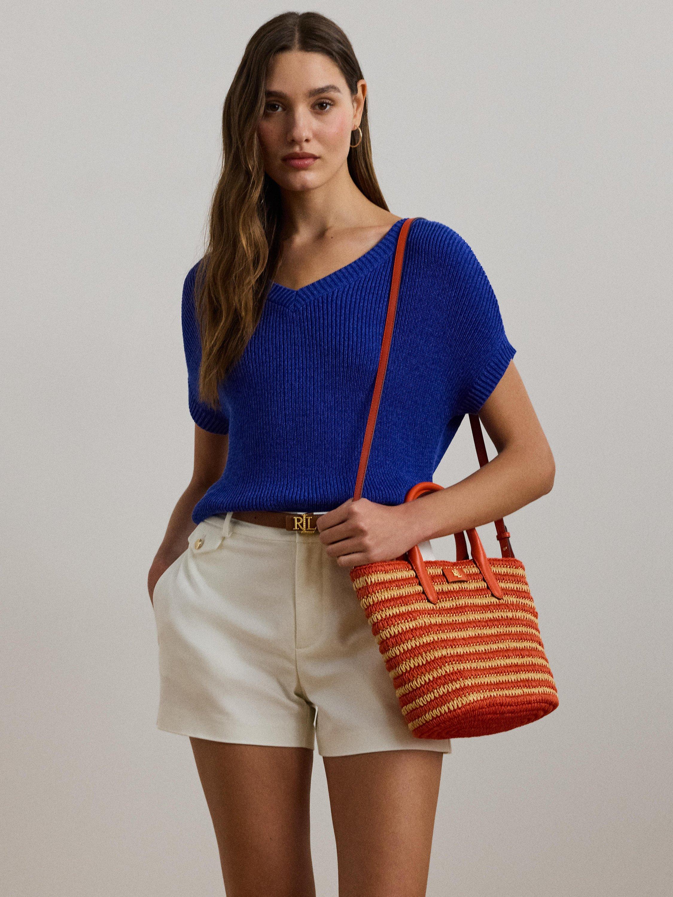 Product image 6 of 7, which shows Lauren Ralph Lauren Brie 21 Straw Leather Crossbody Bag, Orange Lily