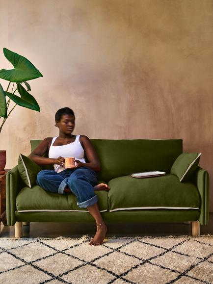 Cozmo Cozy 2 Seater Sofa, Dark Green Velvet Natural Piping - view 2, Dark Green Velvet Natural Piping