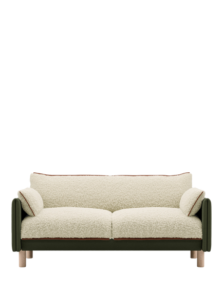 Cozmo Cozy 2 Seater Sofa, Dark Green Velvet Cream Piping, Cream Fleece, Green Velvet, Brick Piping