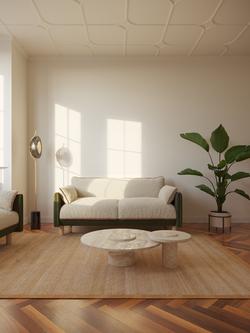 Cozmo Cozy 2 Seater Sofa, Dark Green Velvet Cream Piping - view 2, Cream Fleece, Green Velvet, Brick Piping