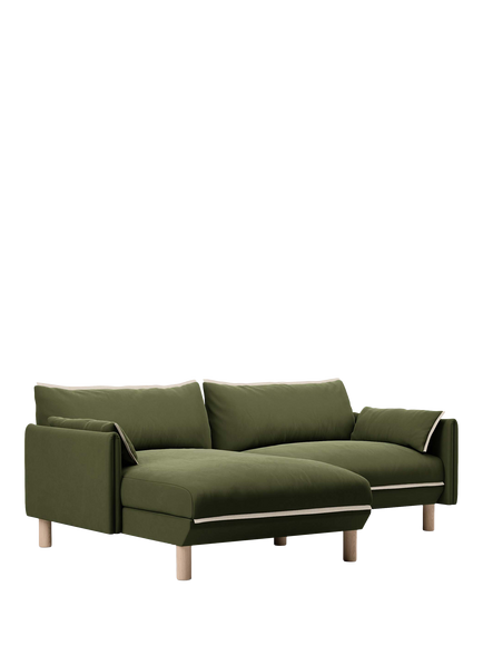 Cozmo Cozy 3 Seater LHF Chaise Sofa, Dark Green Velvet Natural Piping, Drk Grn Vlvt Nat Pip