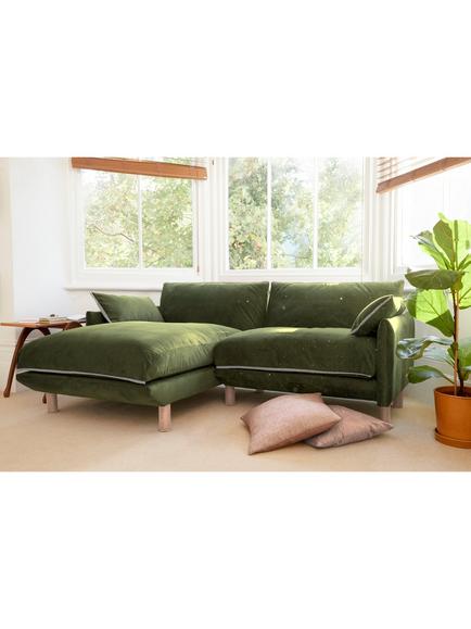 Cozmo Cozy 3 Seater RHF Chaise Sofa, Dark Green Velvet Natural Piping - view 2, Drk Grn Vlvt Nat Pip