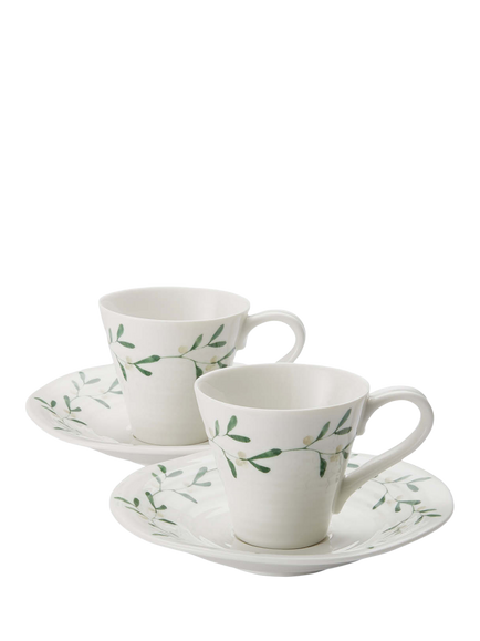 Sophie Conran for Portmeirion Mistletoe Porcelain Espresso Cup & Saucer, Set of 2, 80ml, White/Multi, White/Multi