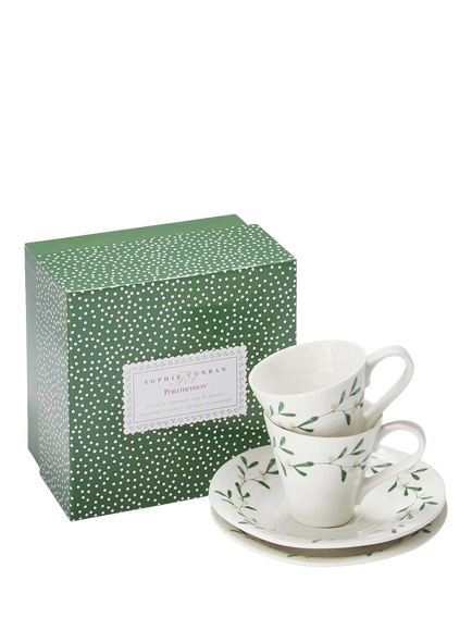 Sophie Conran for Portmeirion Mistletoe Porcelain Espresso Cup & Saucer, Set of 2, 80ml, White/Multi - view 2, White/Multi