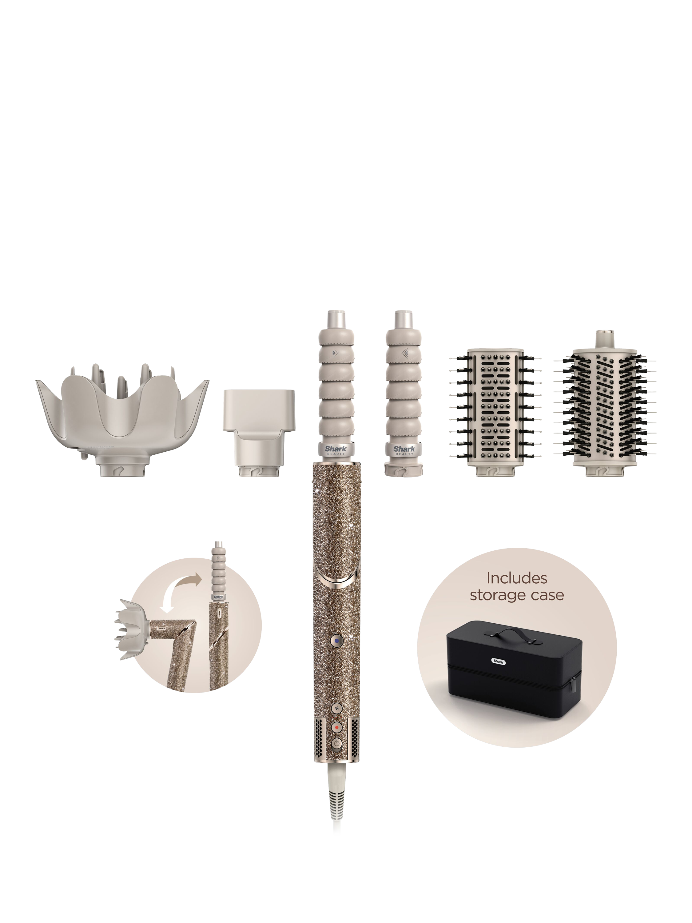 Product image 1 of 8, which shows Shark FlexStyle HD446JSUK 5-in-1 Air Styler & Hair Dryer with Storage Case, Champagne Sparkle