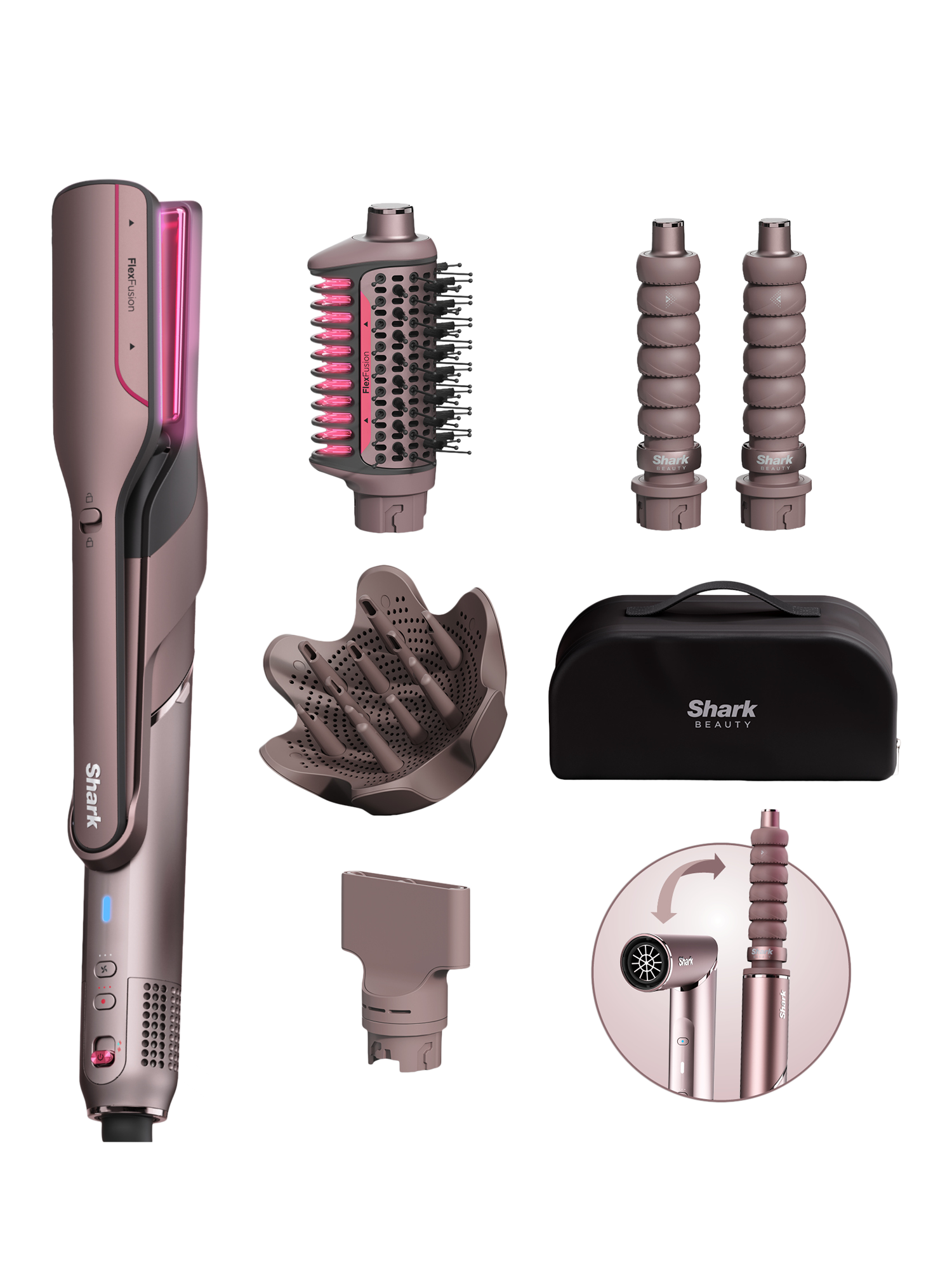 Product image 1 of 12, which shows Shark FlexFusion HD652SUK 5-in-1 Hot Air Styler Hair Dryer & Ceramic Straightener with Case, Cosmic Blush
