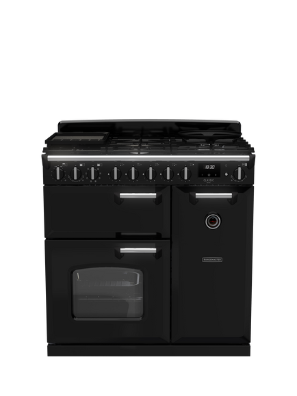 Rangemaster Classic Deluxe CLDL90DFP 90cm Dual Fuel Range Cooker with Gas Hob, Charcoal Black/Chrome