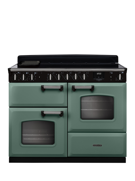 Rangemaster Classic Deluxe CLDLO110EIPBOR/AB1 110cm Electric Range Cooker with Induction Hob, Bordeaux, Mineral Green/Chrome