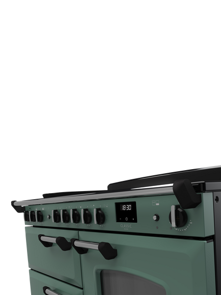 Rangemaster Classic Deluxe CLDLO110EIPBOR/AB1 110cm Electric Range Cooker with Induction Hob, Bordeaux - view 2, Mineral Green/Chrome
