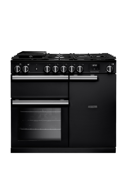 Rangemaster Professional + PR100DFPGBL/CM1 100cm Dual Fuel Range Cooker with Gas Hob, Black, Black