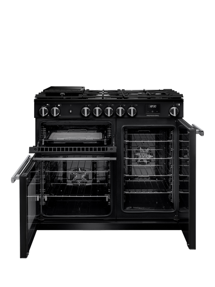 Rangemaster Professional + PR100DFPGBL/CM1 100cm Dual Fuel Range Cooker with Gas Hob, Black - view 2, Black