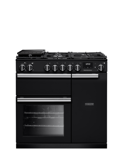 Rangemaster Professional + PR90DFPGBL/CM1 90cm Dual Fuel Range Cooker with Gas Hob, Black, Black